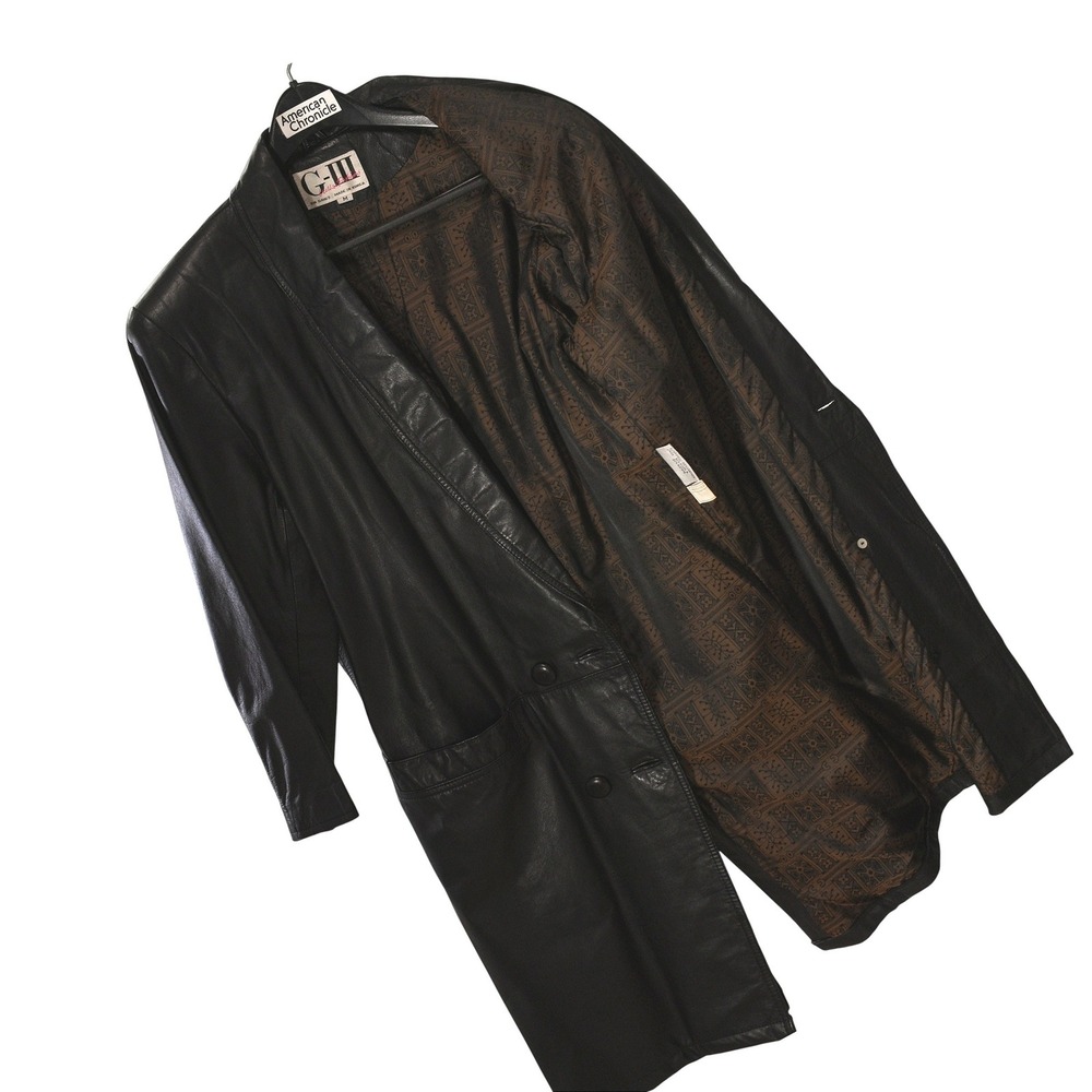 G III Leather Coat Womens M Black Double Breasted Long Vintage 90s Button Front - Picture 8 of 9